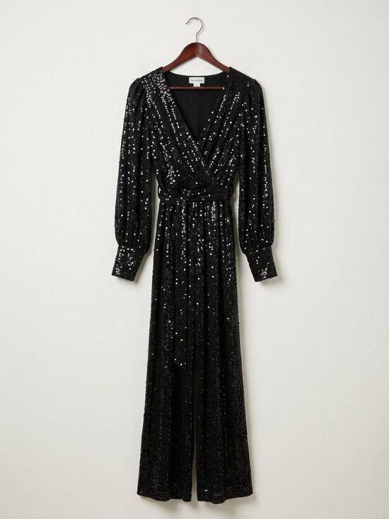 Karen Millen Pants - Karen Millen Black Sequin Long Sleeve Wrap Jumpsuit size s (8/10)